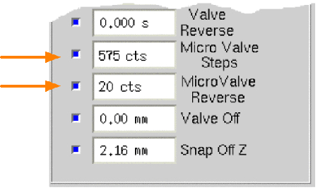 additional Micro Valve fluid dispensing parameters